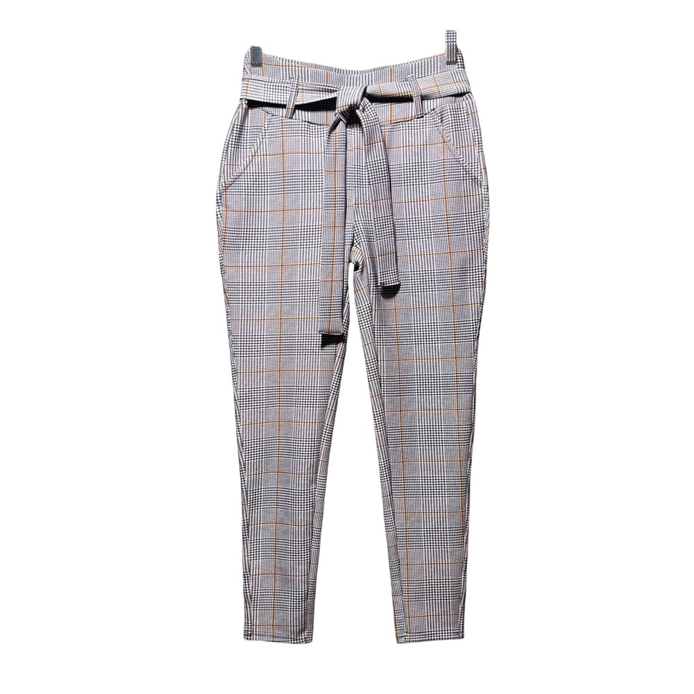 Indero Womens Glen Plaid Tie Waist Skinny Trousers Orange Check Size S/M